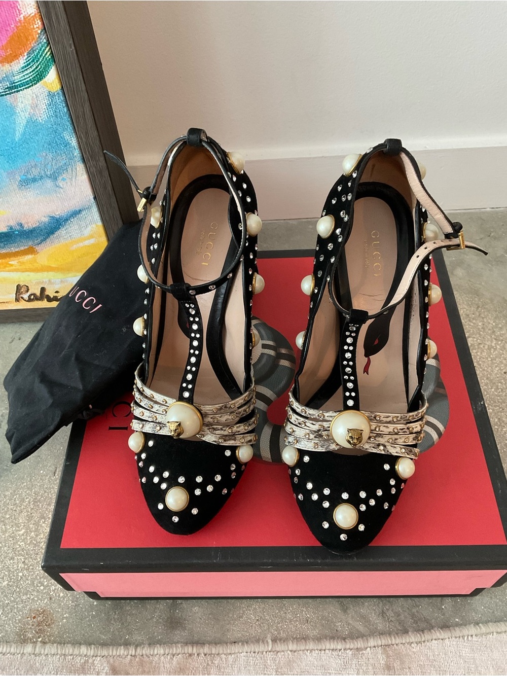 Gucci Black Pearl-Embellished T-Strap Heels with Gold Accents